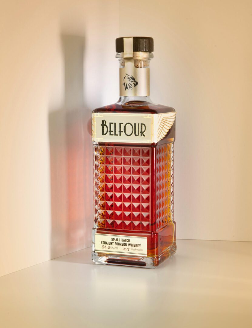 Whiskey bottle with Belfour label design.